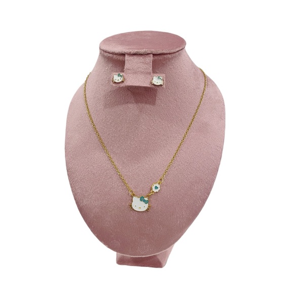 HELLO KITTY Green-Blue Bow Necklace & Earrings Set with Gift Box/Bag NWOT - Picture 2 of 10